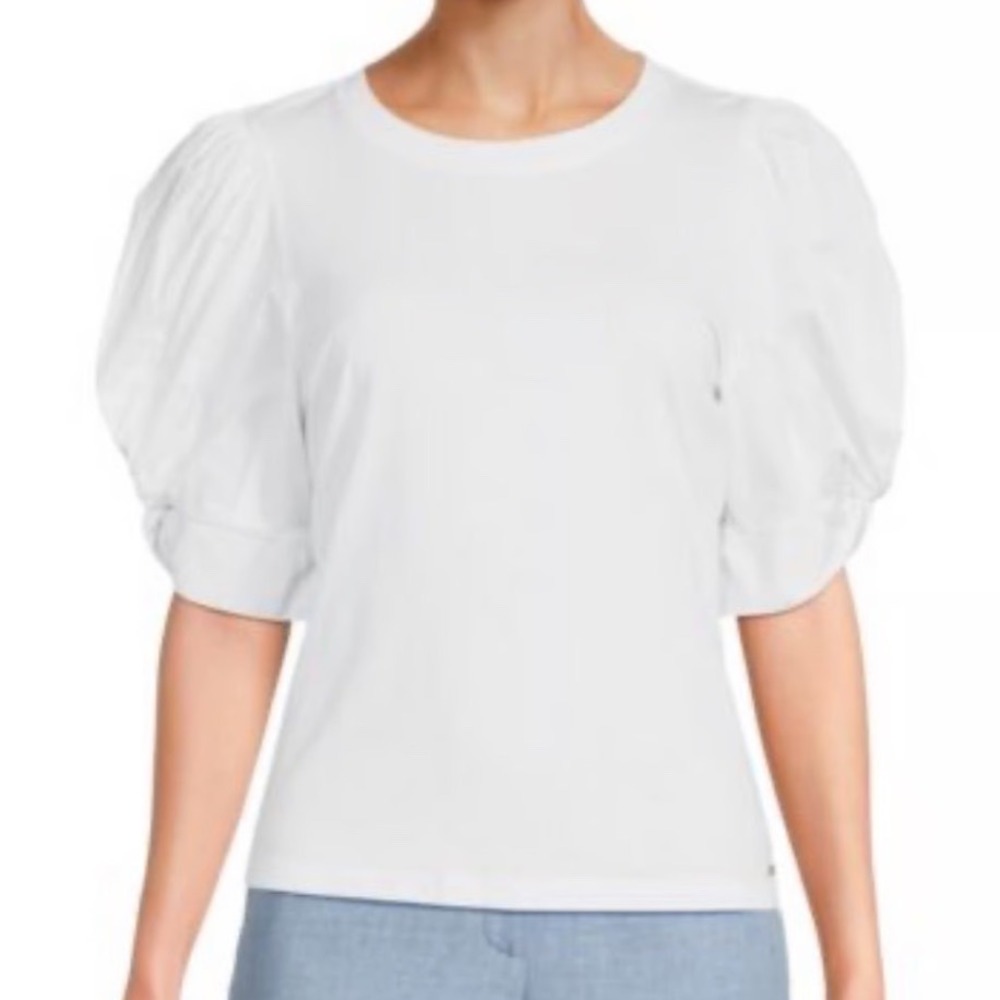 DKNY Puff Sleeve Top Large White Mixed Media Minimalist Capsule Wardrobe